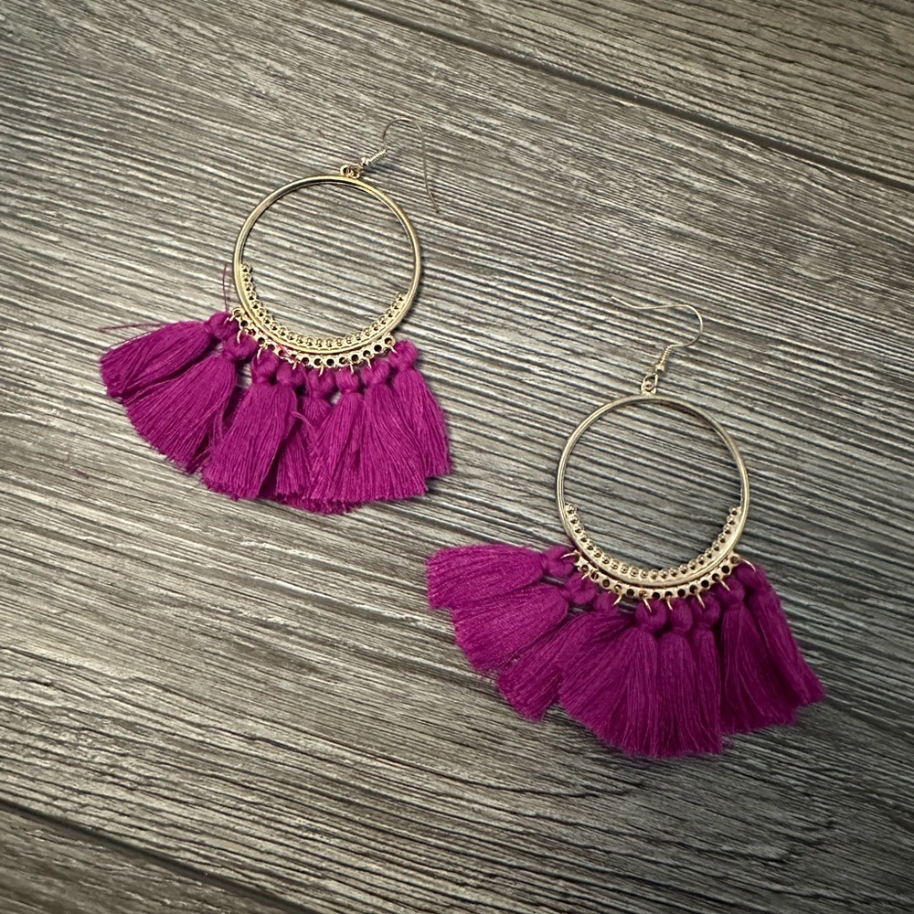 Magenta Purple fringe tassel earrings hoops